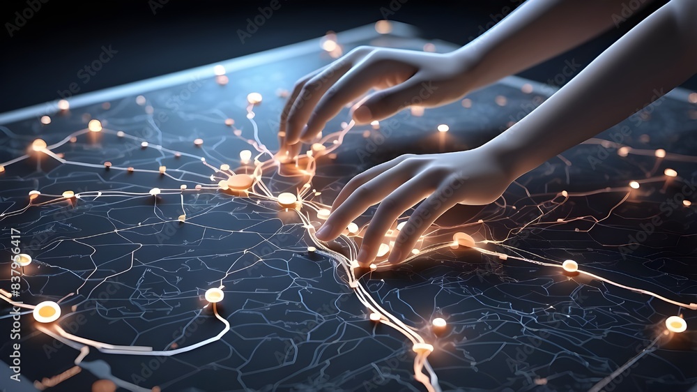 Aufkleber a visual representation of digital hands on a map, indicating ai technology in gps navigation and tr