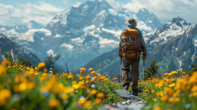 Man stands on mountain with backpack. Generative AI