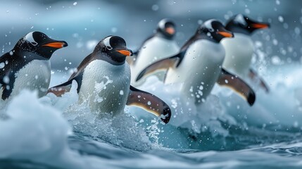 Obraz premium Group of emperor penguins on an ice floe, diving into the icy waters filled with small fish and krill, Antarctic setting