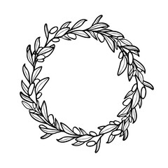 Olive branch with berry circle frame. Line art floral wreath. Hand drawn ink illustration.