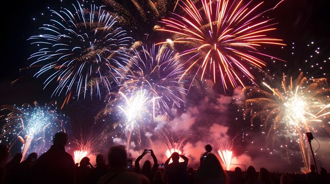 Fireworks lighting up the sky at the end of a summer music festival, celebration, vibrant colors, live music, grand finale