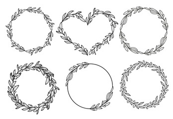 Olive branch with berry heart and circle frame set. Line art floral wreath. Hand drawn ink illustration