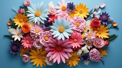 Naklejka premium A colorful bouquet of flowers is arranged in a circle on a blue background. The flowers include pink, yellow, and purple daisies, as well as other colorful blooms. 