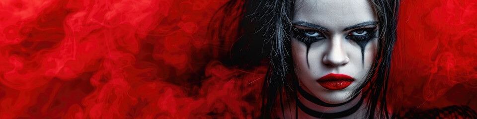 A close-up portrait of a woman with dark eye makeup and red lipstick, her face framed by black hair against a red background