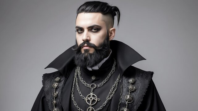 bearded guy wearing goth costume with plain white back background