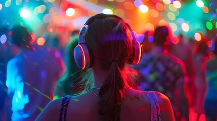 Festival goers enjoying a silent disco at a summer music festival, headphones, dancing, vibrant...