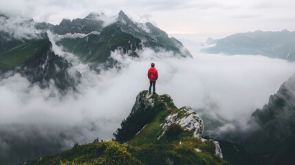 A lone hiker stands on a rocky peak, looking out over a sea of clouds in a mountain range
