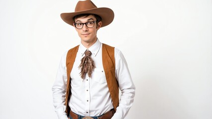 nerd guy wearing cowboy costume with plain white backg background