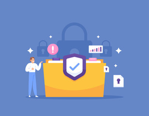 business data security. safety protection of company document archives. file management and administration. protect and manage confidential company data. illustration concept. graphic elements