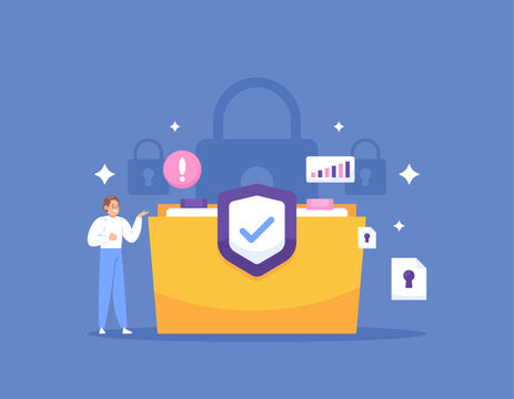 business data security. safety protection of company document archives. file management and administration. protect and manage confidential company data. illustration concept. graphic elements