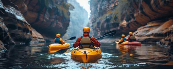 Group kayaking in a canyon adventure and exploration dramatic lighting enjoying leisure activities