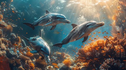 Fototapeta premium A serene underwater scene featuring a family of dolphins swimming near a colorful coral reef, sunlight filtering through the water
