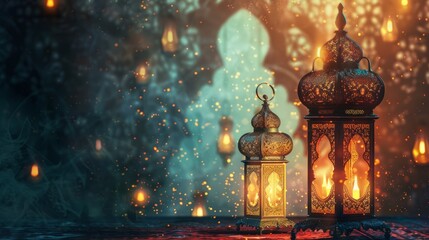 Fototapeta premium Traditional arab culture symbols: islamic lanterns and lamps against ornate background with text area, celebrating the spirit of ramadan, eid mubarak, and eid al-adha