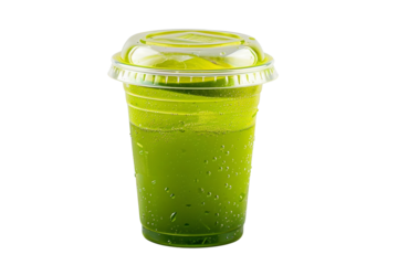 Plastic cup filled with fresh green smoothie, covered with a domed lid. Healthy beverage isolated on white background.