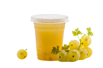 Refreshing amla juice in a plastic cup with a lid, surrounded by fresh amla fruits and green leaves on a white background.