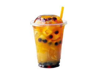 Refreshing bubble tea with colorful tapioca pearls and fruit jelly in a clear plastic cup with a straw, isolated on a white background.