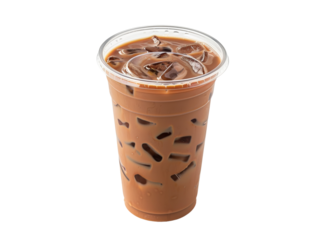 A refreshing iced coffee in a clear plastic cup, perfect for a hot day. Delicious and energizing cold brew with ice.