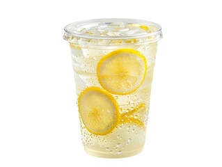 A refreshing lemonade drink with ice and lemon slices in a clear plastic cup with a lid, perfect for a hot summer day.