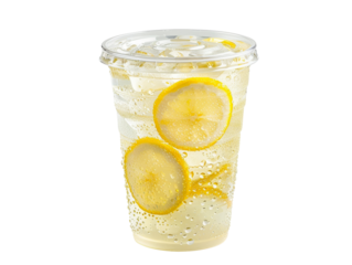 A refreshing lemonade drink with ice and lemon slices in a clear plastic cup with a lid, perfect for a hot summer day.