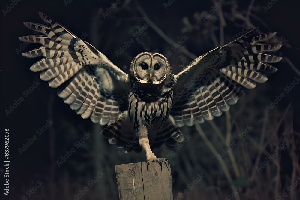 Canvas Prints AI-generated illustration of Majestic owl perched on post, wings outstretched