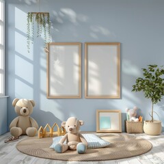 Mock up frame in children room with natural wooden furniture, 3D render.