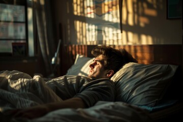 Fototapeta premium A man lies in bed, looking tired and unwilling to start his day.
