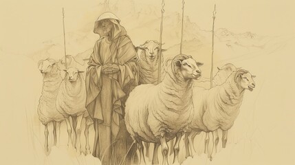 Obraz premium Biblical Illustration of the Parable of the Sheep and the Goats: Righteous Inheriting the Kingdom, Beige Background, Copyspace