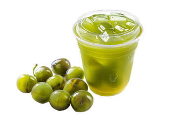 Refreshing iced green drink in a plastic cup with green plums beside it, showcasing fresh and healthy beverage options.