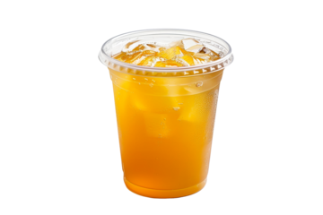 Refreshing iced tea in a plastic cup with ice cubes, perfect for a hot day. Enjoy the cool beverage for a summer refreshment.