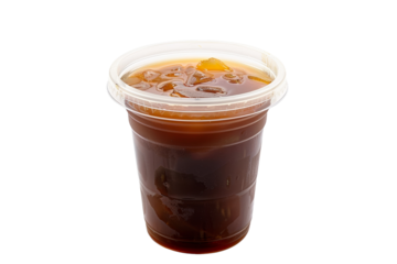 Refreshing iced tea in a plastic cup with ice cubes and a straw, perfect for a summer day, beverage concept, isolated on white background.