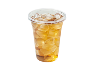 Refreshing iced tea in a plastic cup with ice cubes, perfect for a hot summer day or a casual beverage.