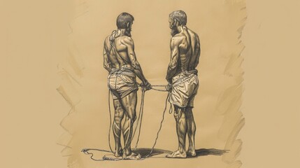 Illustration of the Parable of the Strong Man: Strong Man Being Tied Up and His House Plundered, Biblical Illustration, Beige Background, Copyspace