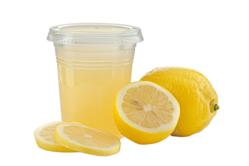 Refreshing lemon juice in a clear plastic cup next to fresh sliced and whole lemons. Perfect for summer beverage promotions.