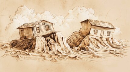 Biblical Illustration of the Parable of the Two Builders: One House on Rock, Another on Sand, Beige Background, Copyspace