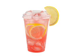 Refreshing pink lemonade in a clear plastic cup with ice cubes, garnished with fresh lemon slices for a cool, summer drink.