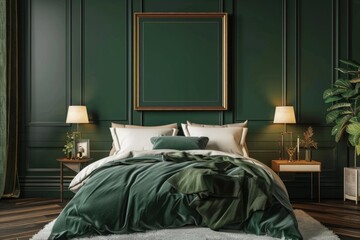 Mockup poster frame in luxury bedroom interior, 3d render, Dark Green background
