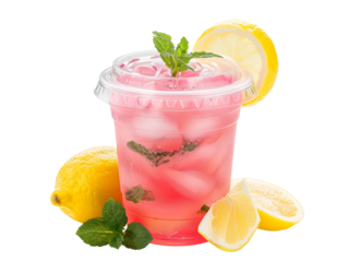 Refreshing pink lemonade with ice, mint leaves, and lemon slices in a plastic cup. Perfect for a summer day.