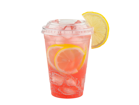 Refreshing pink lemonade in a clear plastic cup with ice cubes, garnished with fresh lemon slices for a cool, summer drink.