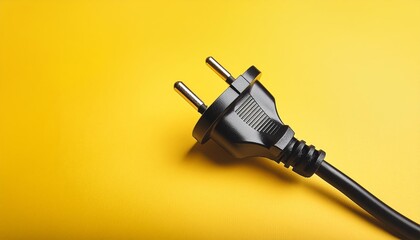 A black electrical plug placed on a vibrant yellow background. The strong contrast between the black plug and the bright yellow background creates a visually striking image. 
