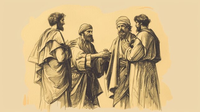 Biblical Illustration of the Parable of the Talents: Master Returning and Settling Accounts with Servants, Beige Background, Copyspace