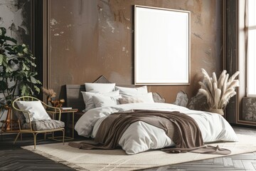 Mockup poster frame in luxury bedroom interior, 3d render, Mocha background.