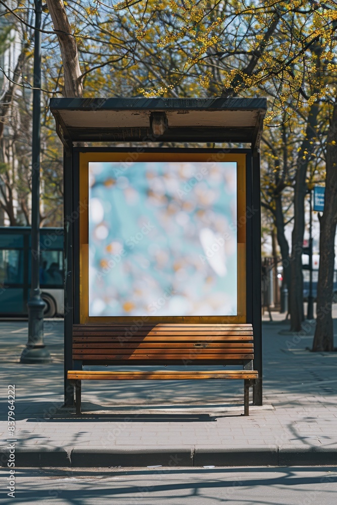 Poster a bus stop with a blank billboard. the billboard is empty and the bench is empty. the scene is quiet