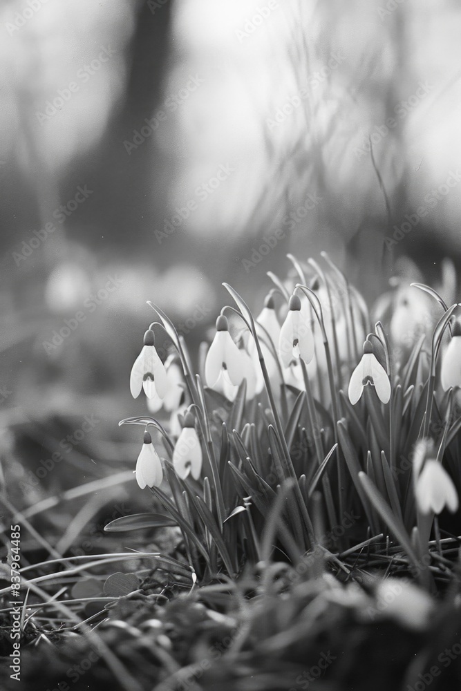 Poster a close up of a field of white flowers with a black and white filter. the flowers are small and clus
