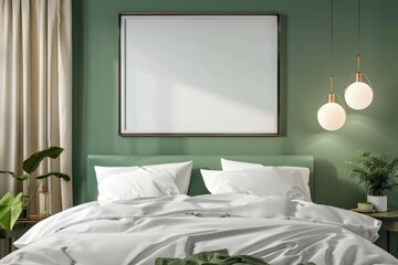 Mockup poster frame in luxury bedroom interior, 3d render, Pista Green background