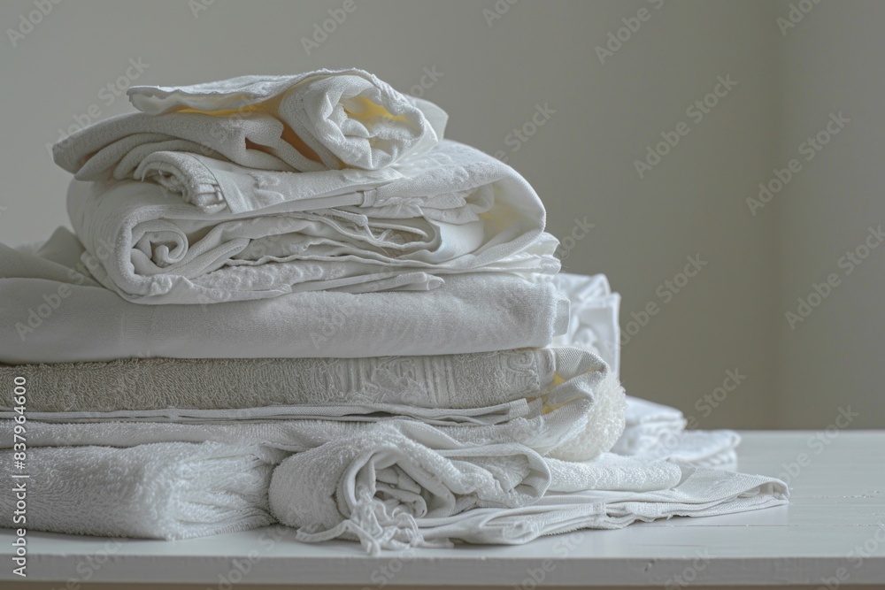Poster a stack of white towels on a table. the towels are piled on top of each other, creating a sense of o