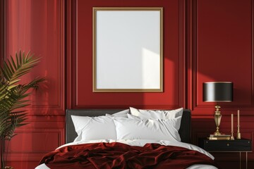 Mockup poster frame in luxury bedroom interior, 3d render, Ruby background