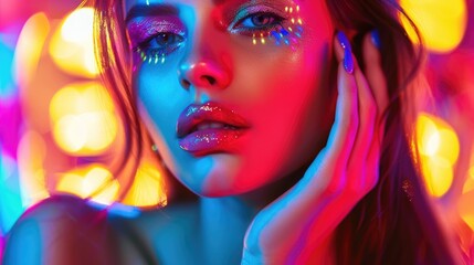 Fototapeta premium A woman with colorful makeup on her face is posing for a photo. The photo has a bright and colorful mood, with the woman's makeup adding to the overall vibrancy of the image