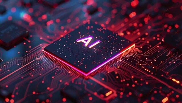 AI technology, CPU (central processing unit), and chipset on a printed circuit board. Electronics and technology concepts. 