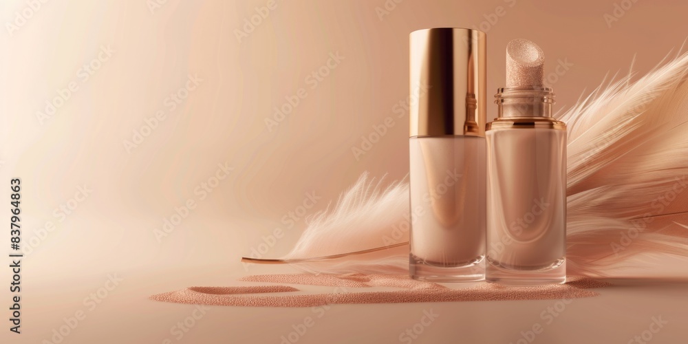 Poster two bottles of foundation are displayed on a tan background. the bottles are positioned next to each