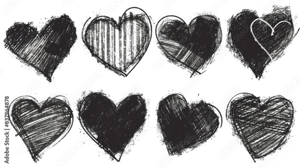 Poster a set of black hearts with a rough, scribbled appearance. the hearts are arranged in a row, with som